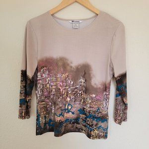 Peter Nygard Beautiful Women's Beige Graphic Blouse.  Very Good Condition.